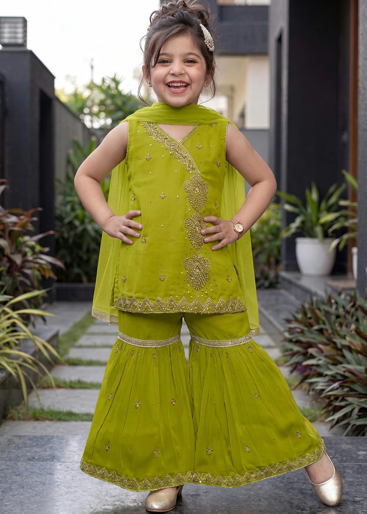 Kids Lime Green Embroidered Gharara Set