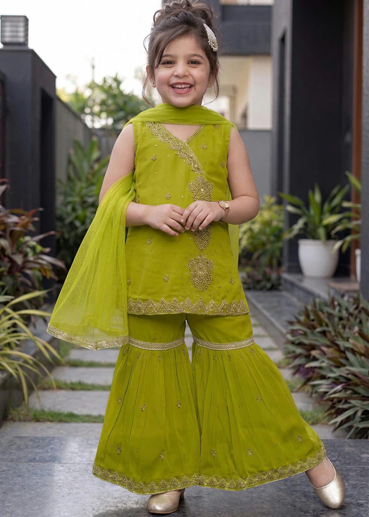 Kids Lime Green Embroidered Gharara Set