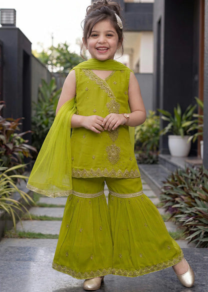 Kids Lime Green Embroidered Gharara Set