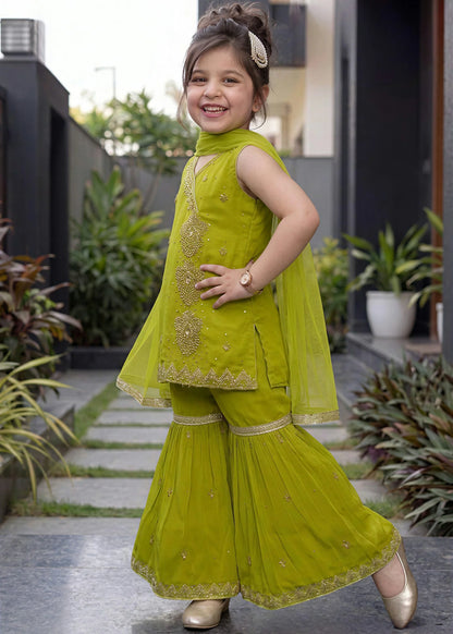 Kids Lime Green Embroidered Gharara Set