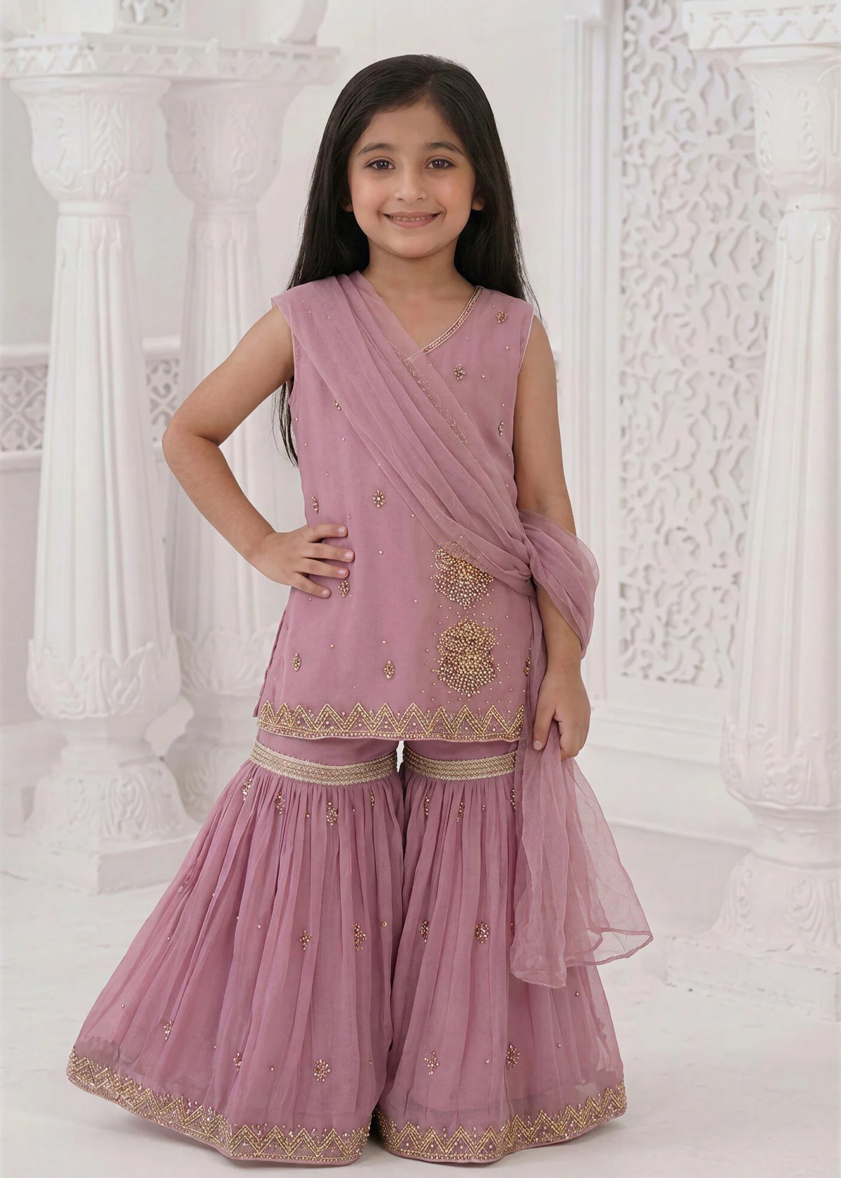 Kids Thistle Embroidered Gharara Suit with Dupatta