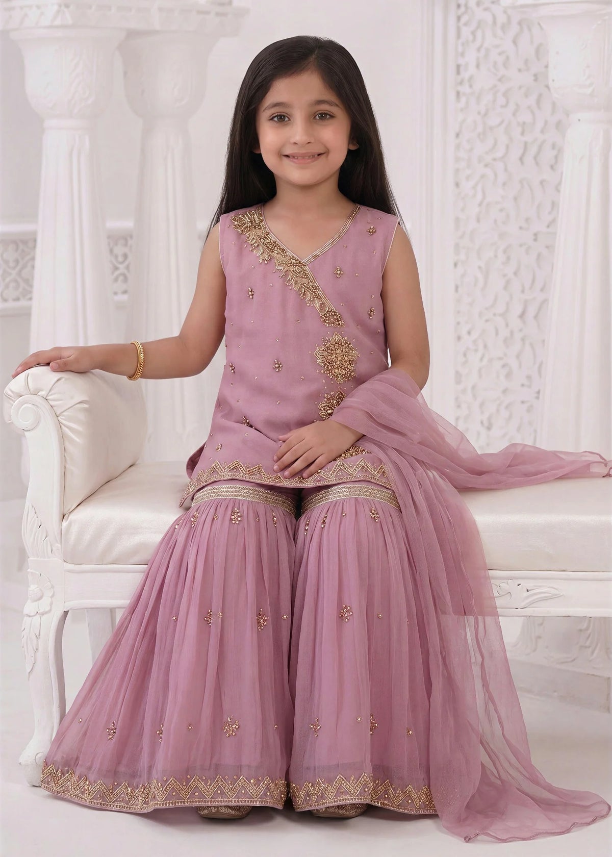Kids Thistle Embroidered Gharara Suit with Dupatta