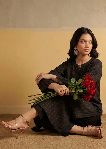 Black Raw Silk Kurta Set