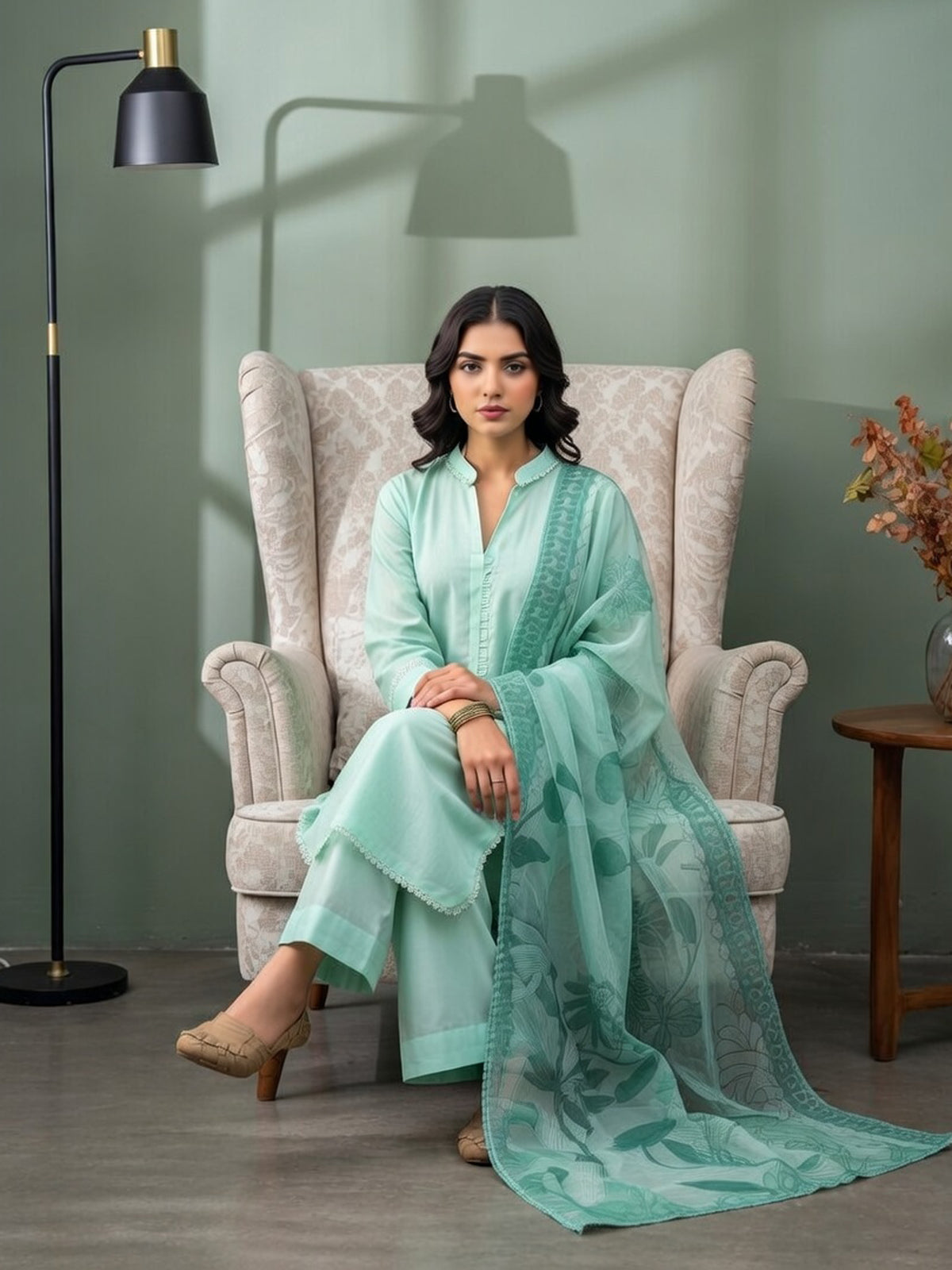 Solid Suit with Monotone Floral Dupatta