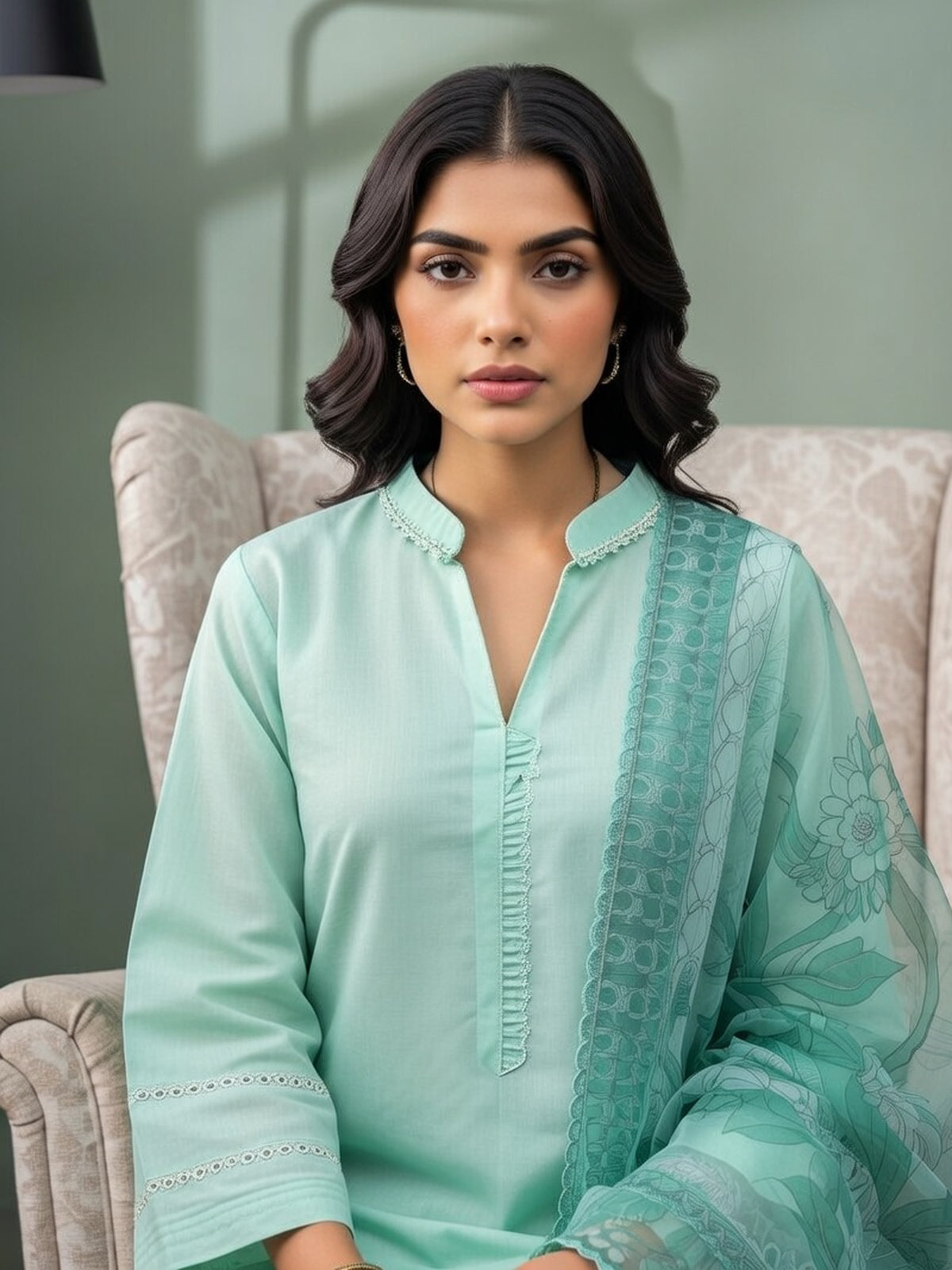 Solid Suit with Monotone Floral Dupatta